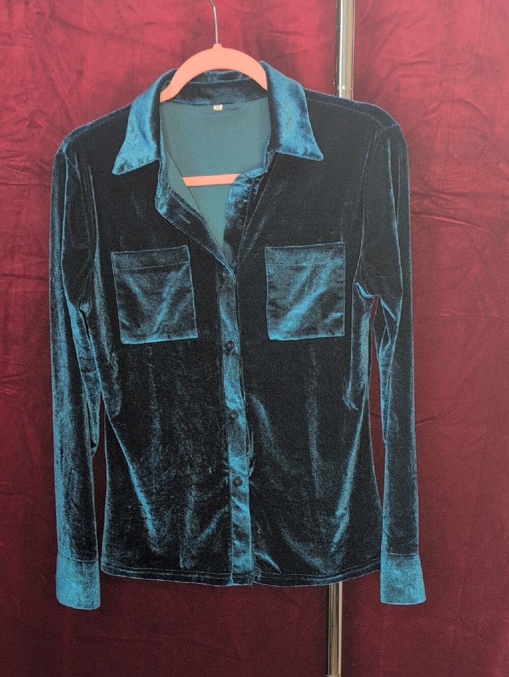 100% Cotton Velvet Button-Up Shirt in Teal